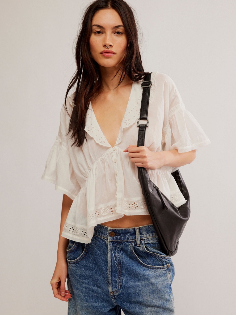 Free People Elle Cutwork Top White Eyelet V-Neck Button Front XL
